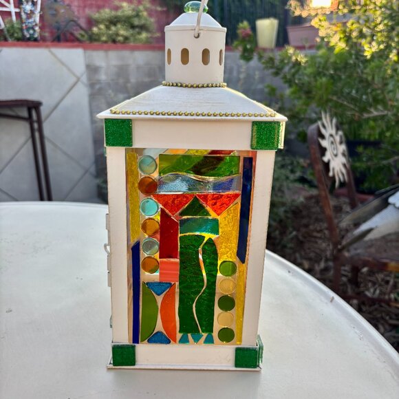 Stained Glass Lantern Handcrafted abstract mosaic One-of-a-kind lamp 5"x5"x12" - Picture 1 of 7
